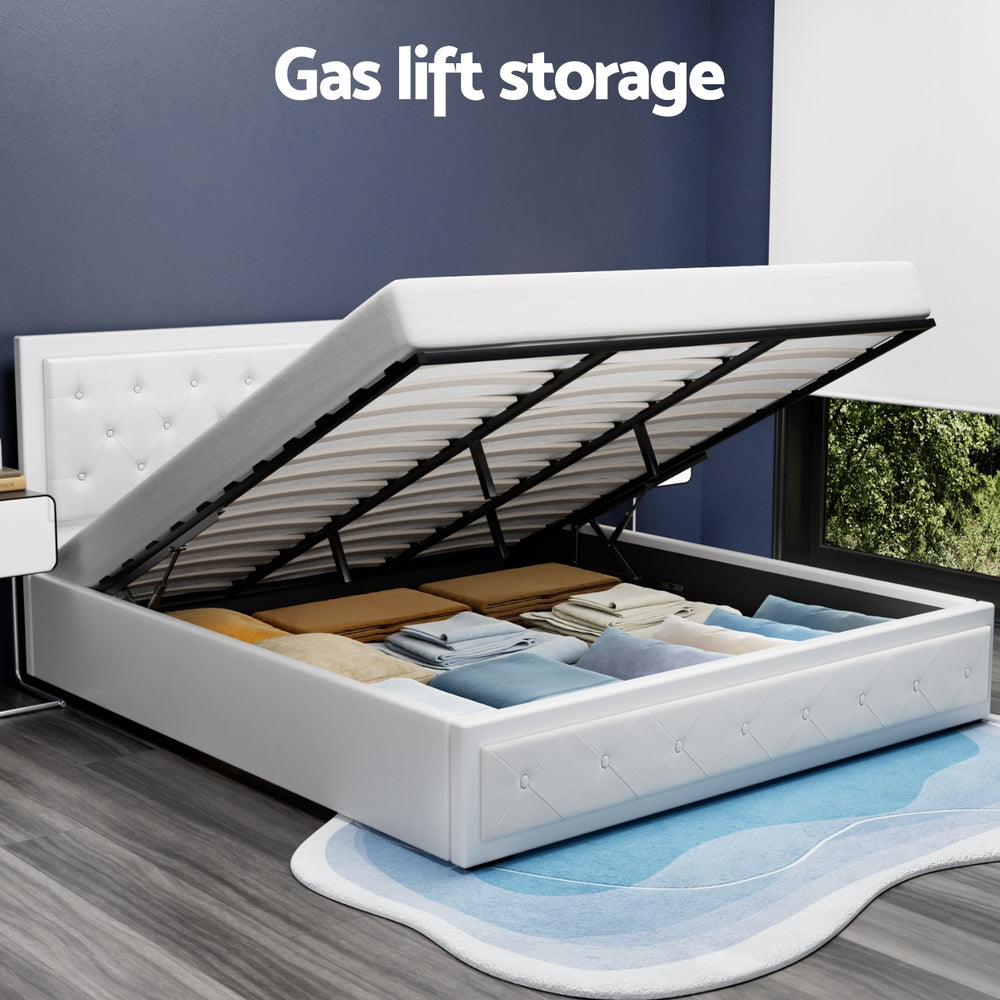 Beds & Bed Frames: Artiss Bed Frame King Size Gas Lift White TIYO