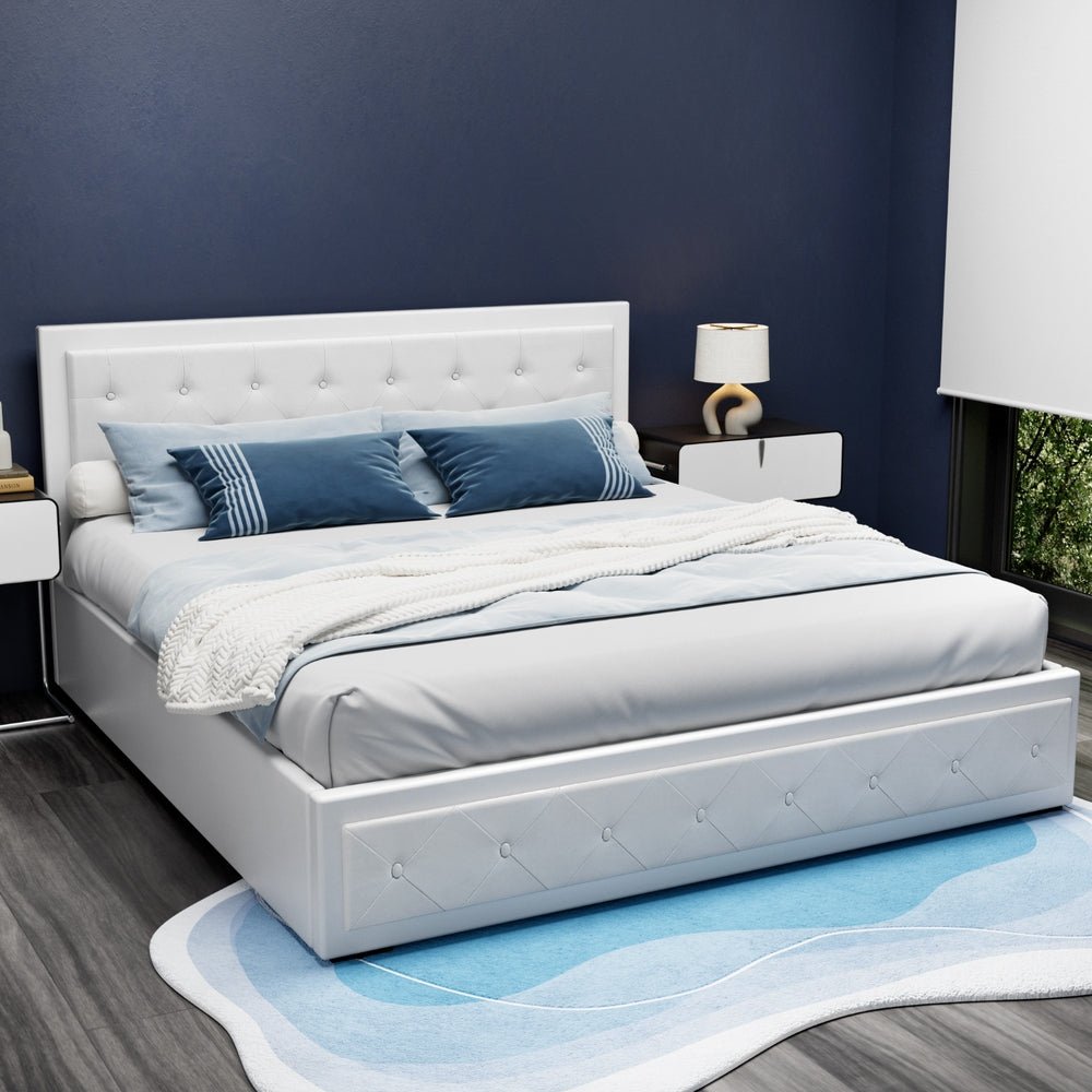 Beds & Bed Frames: Artiss Bed Frame King Size Gas Lift White TIYO