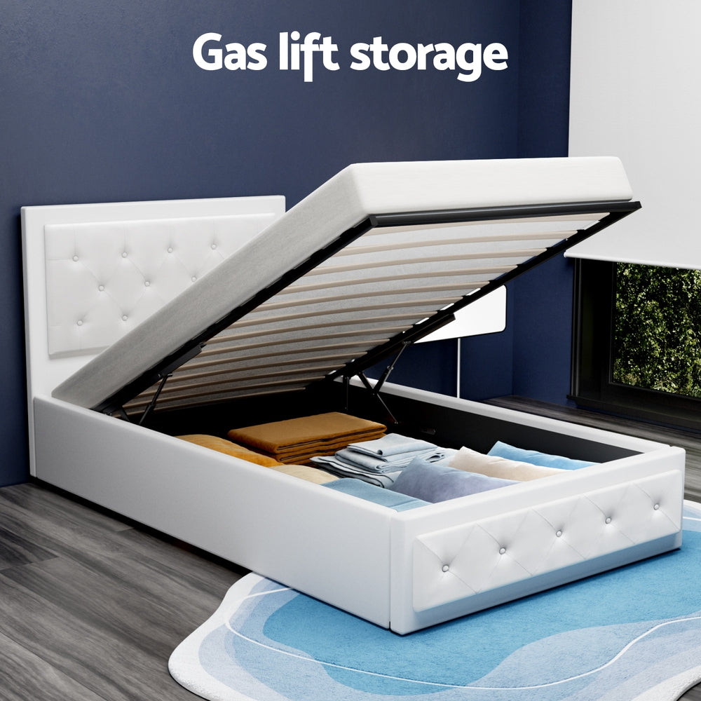 Beds & Bed Frames: Artiss Bed Frame King Single Size Gas Lift White TIYO