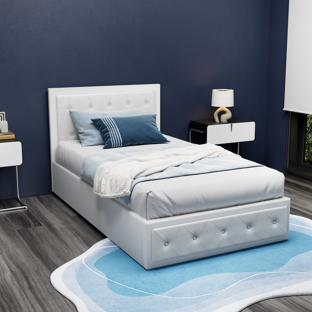 Beds & Bed Frames: Artiss Bed Frame King Single Size Gas Lift White TIYO