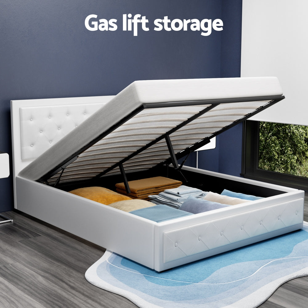 Beds & Bed Frames: Artiss Bed Frame Queen Size Gas Lift White TIYO