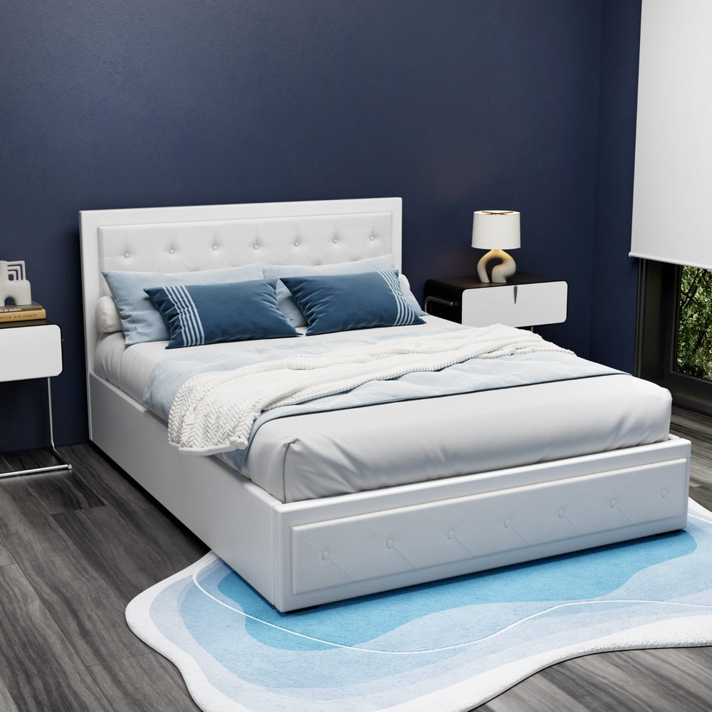 Beds & Bed Frames: Artiss Bed Frame Queen Size Gas Lift White TIYO