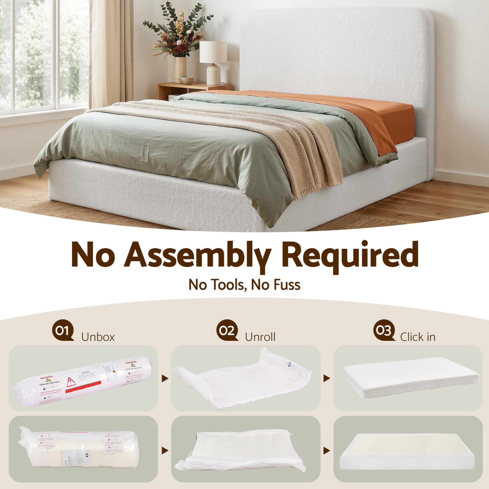 Artiss Double Bed Frame Boucle Fabric Vacuum Compressed Beds Removable Washable Cover