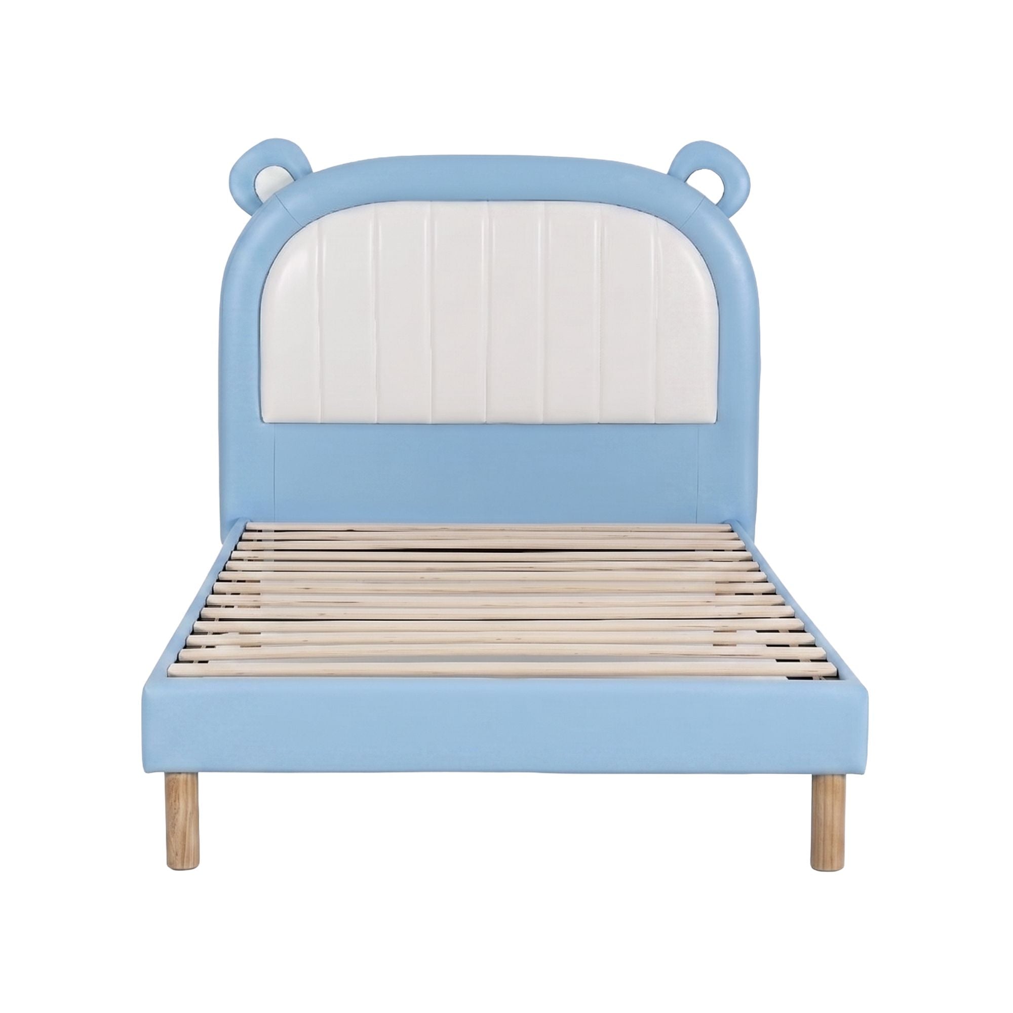 Artiss Kids King Single Bed Frame Upholstered Bear Headboard Waterproof Leather Boys Bed 180kg Capacity Blue and White