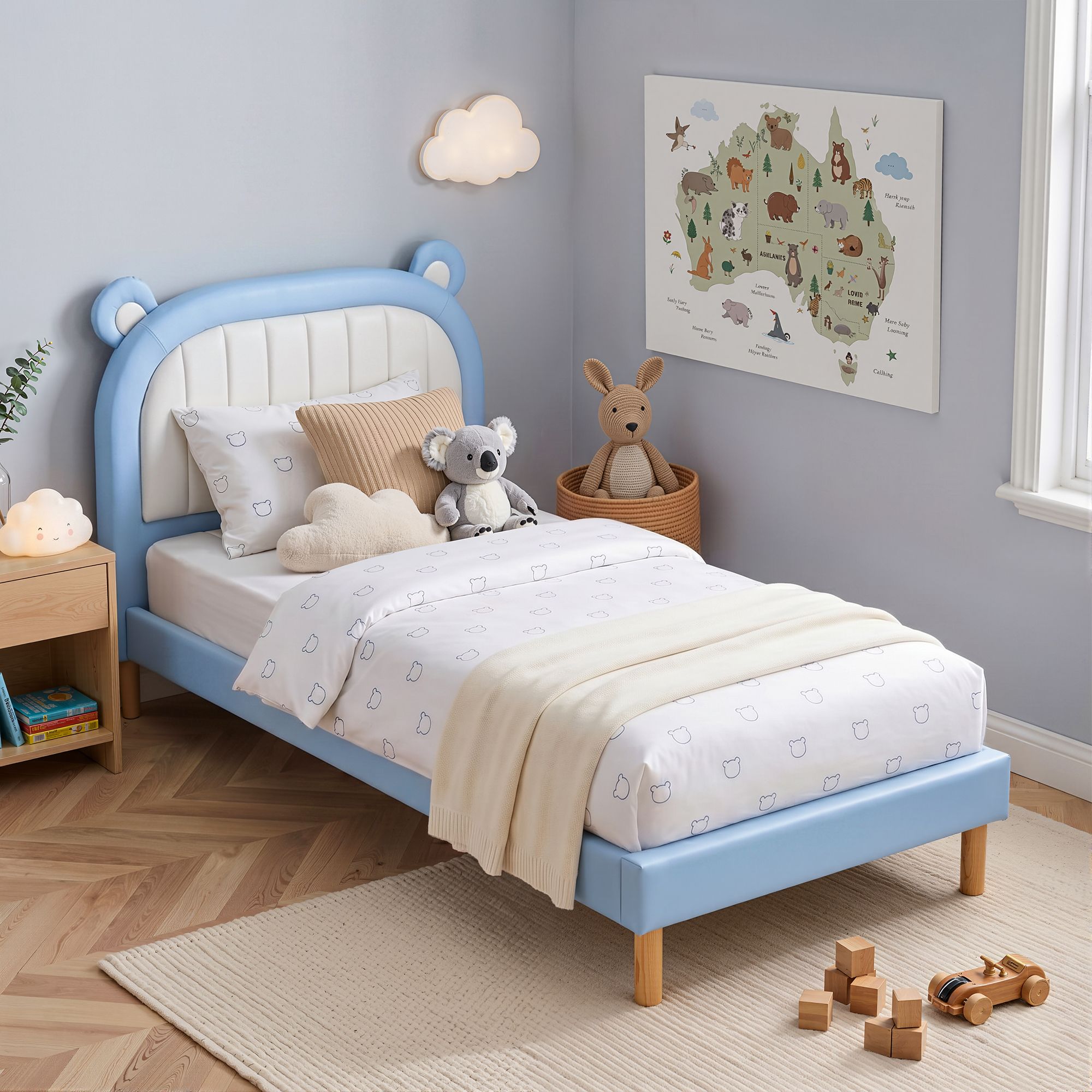 Artiss Kids King Single Bed Frame Upholstered Bear Headboard Waterproof Leather Boys Bed 180kg Capacity Blue and White