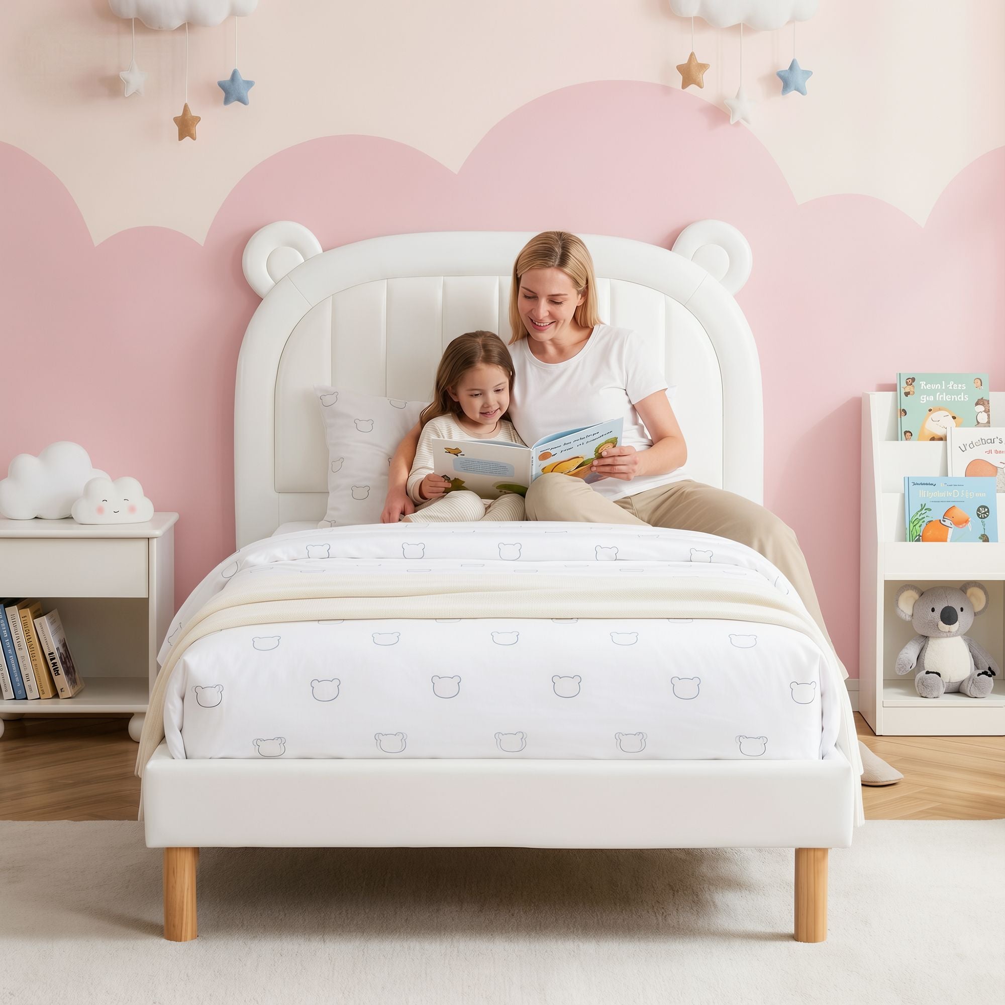 Artiss Kids King Single Bed Frame Bear Ears Headboard Upholstered Leather Platform Bed for Child