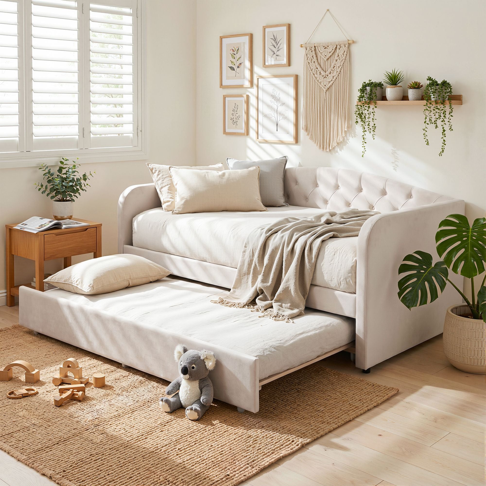 Artiss Single Daybed Velvet Trundle Bed Frame Tufted Guest Bed