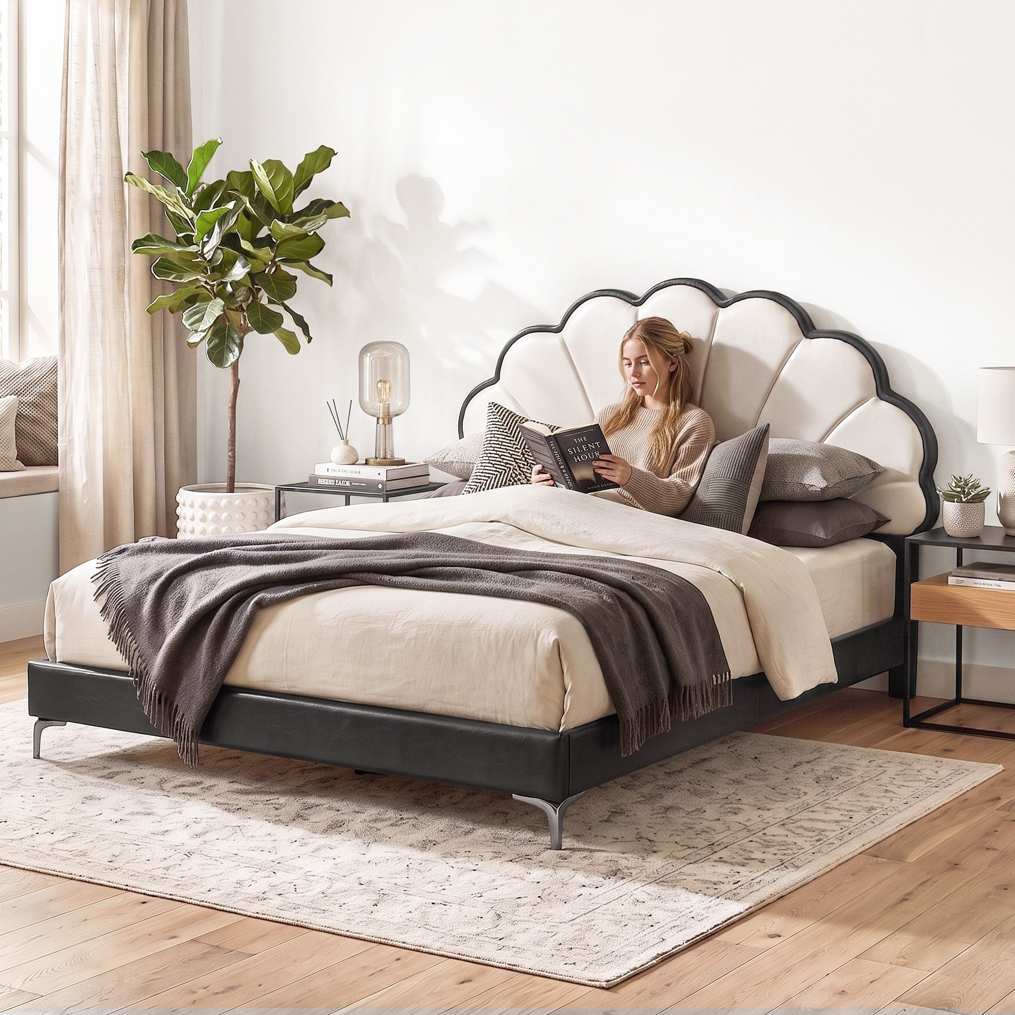 Artiss Queen Bed Frame with Adjustable Shell Headboard and PVC Upholstery