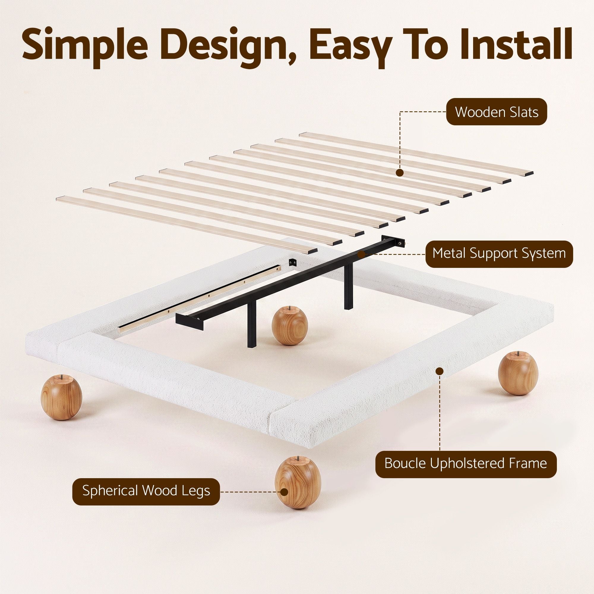 Artiss Queen Bed Frame with Boucle Upholstery and Solid Rubber Wood Legs