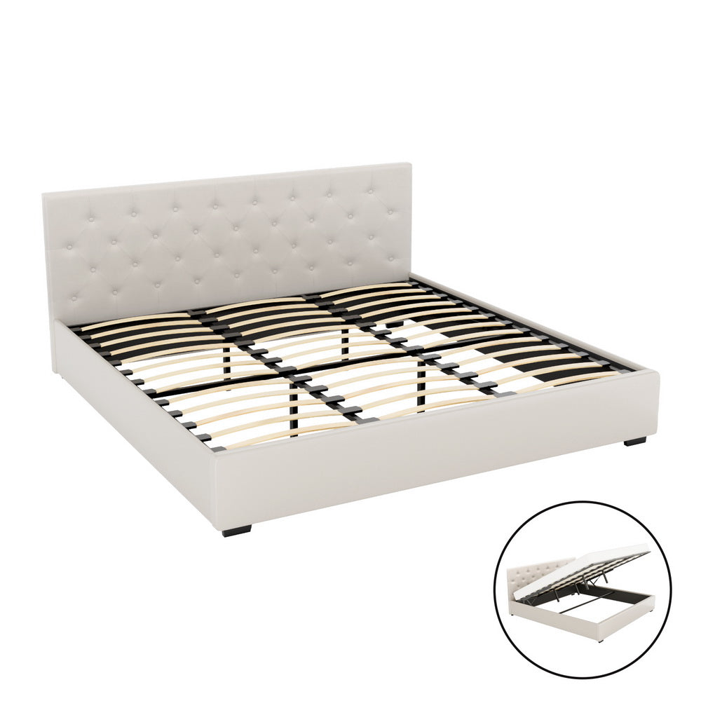 Beds & Bed Frames: Artiss Bed Frame King Size Gas Lift Beige VILA