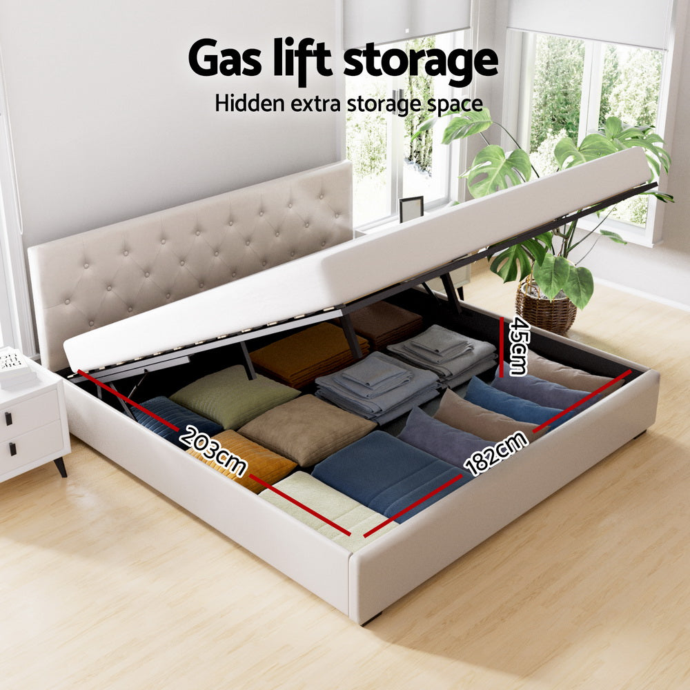 Beds & Bed Frames: Artiss Bed Frame King Size Gas Lift Beige VILA