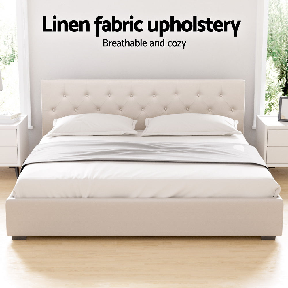 Beds & Bed Frames: Artiss Bed Frame King Size Gas Lift Beige VILA