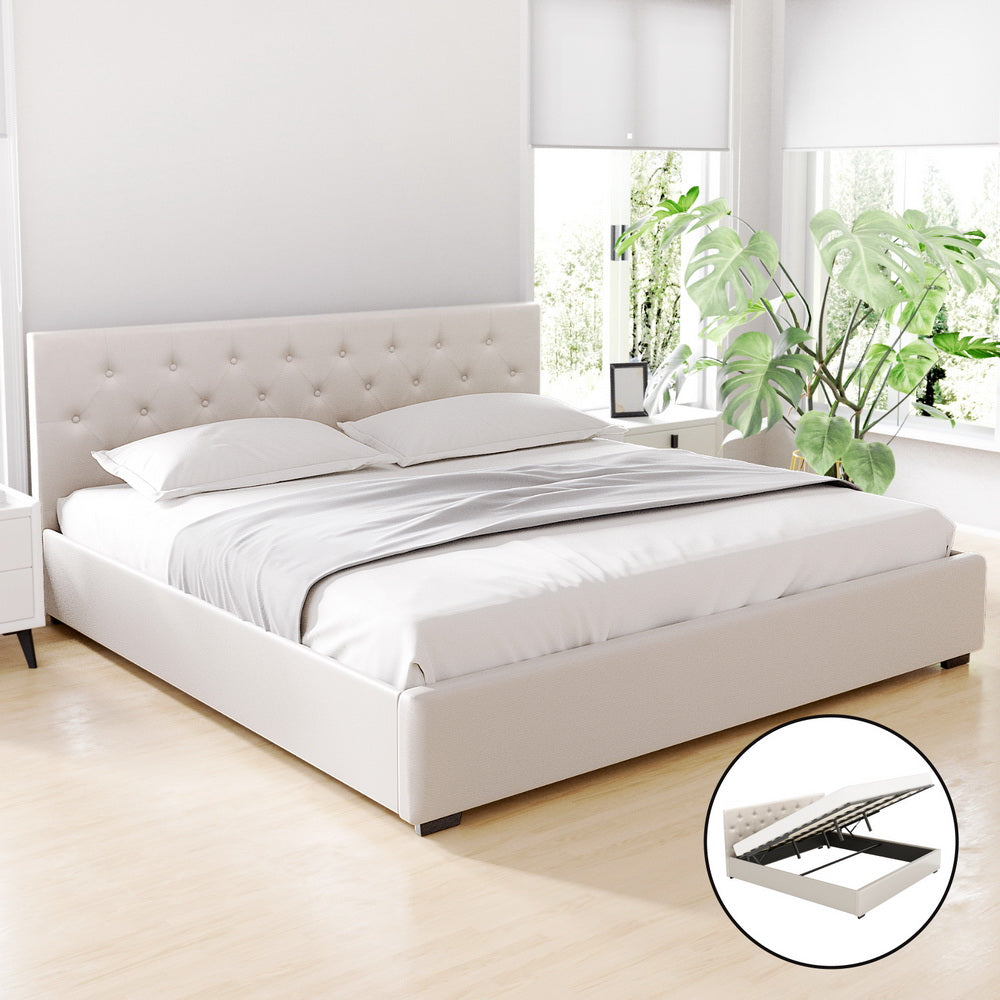 Beds & Bed Frames: Artiss Bed Frame King Size Gas Lift Beige VILA