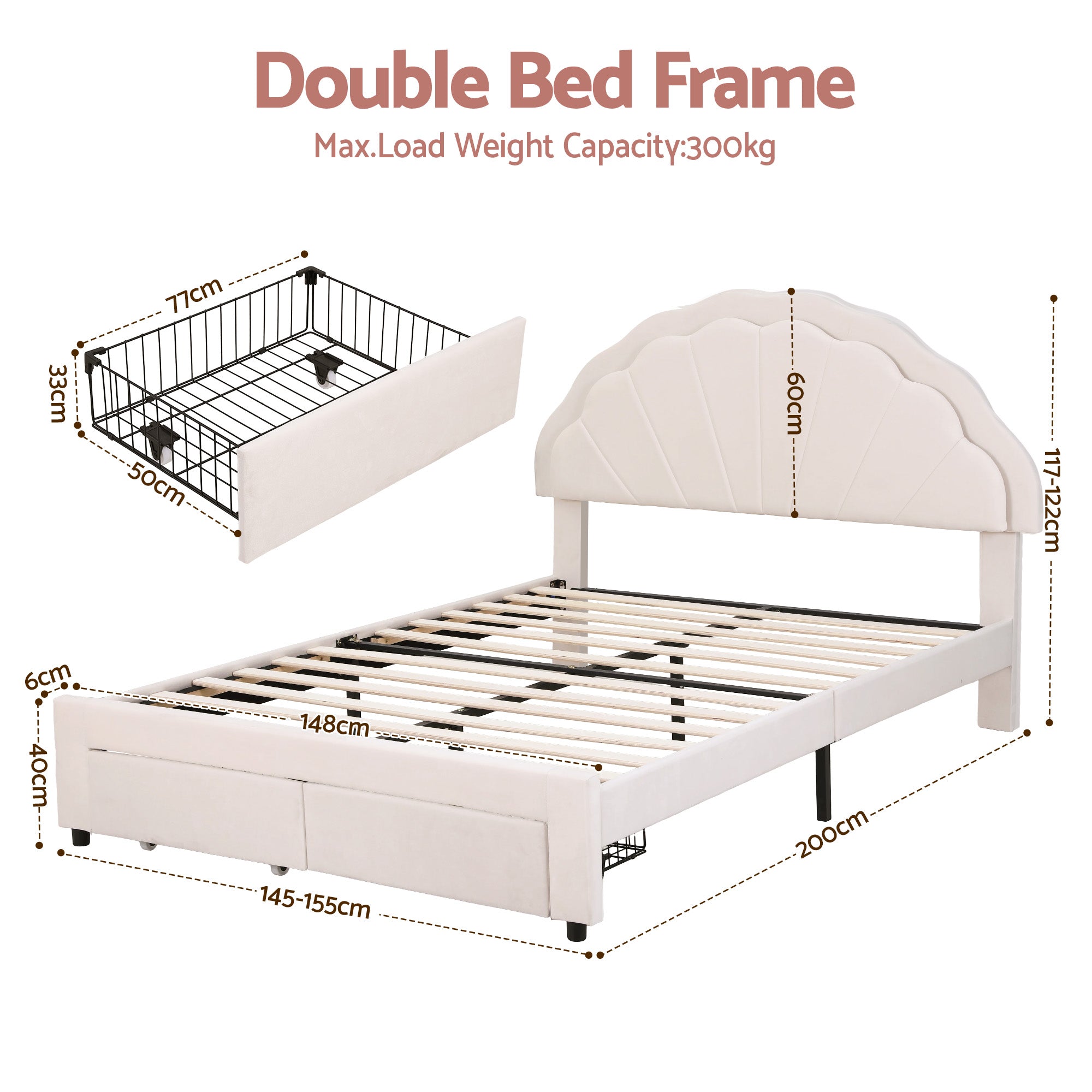 Artiss Double Bed Frame with 2 Storage Drawers Upholstered Velvet Platform Bed LED Headboard