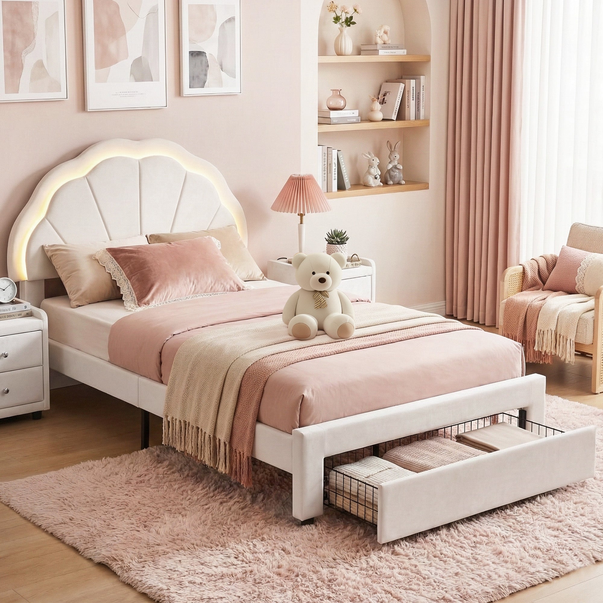 Beds & Bed Frames: Artiss King Single Bed Frame with Storage Drawer Upholstered Velvet Platform Bed LED Headboard