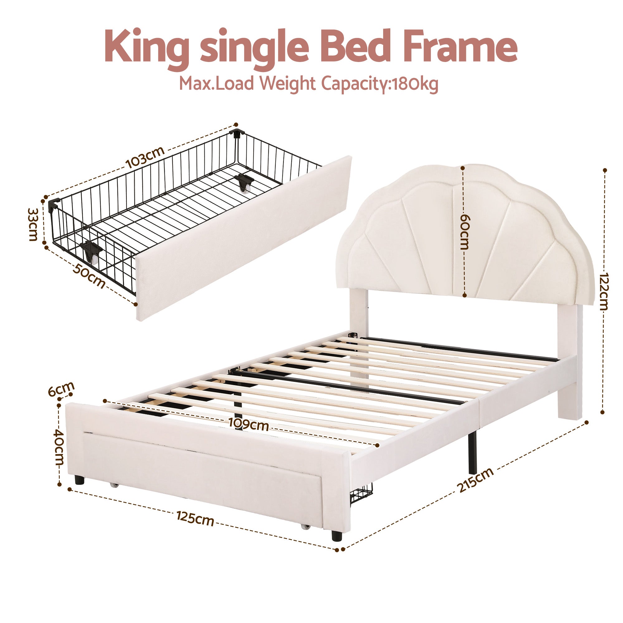 Beds & Bed Frames: Artiss King Single Bed Frame with Storage Drawer Upholstered Velvet Platform Bed LED Headboard
