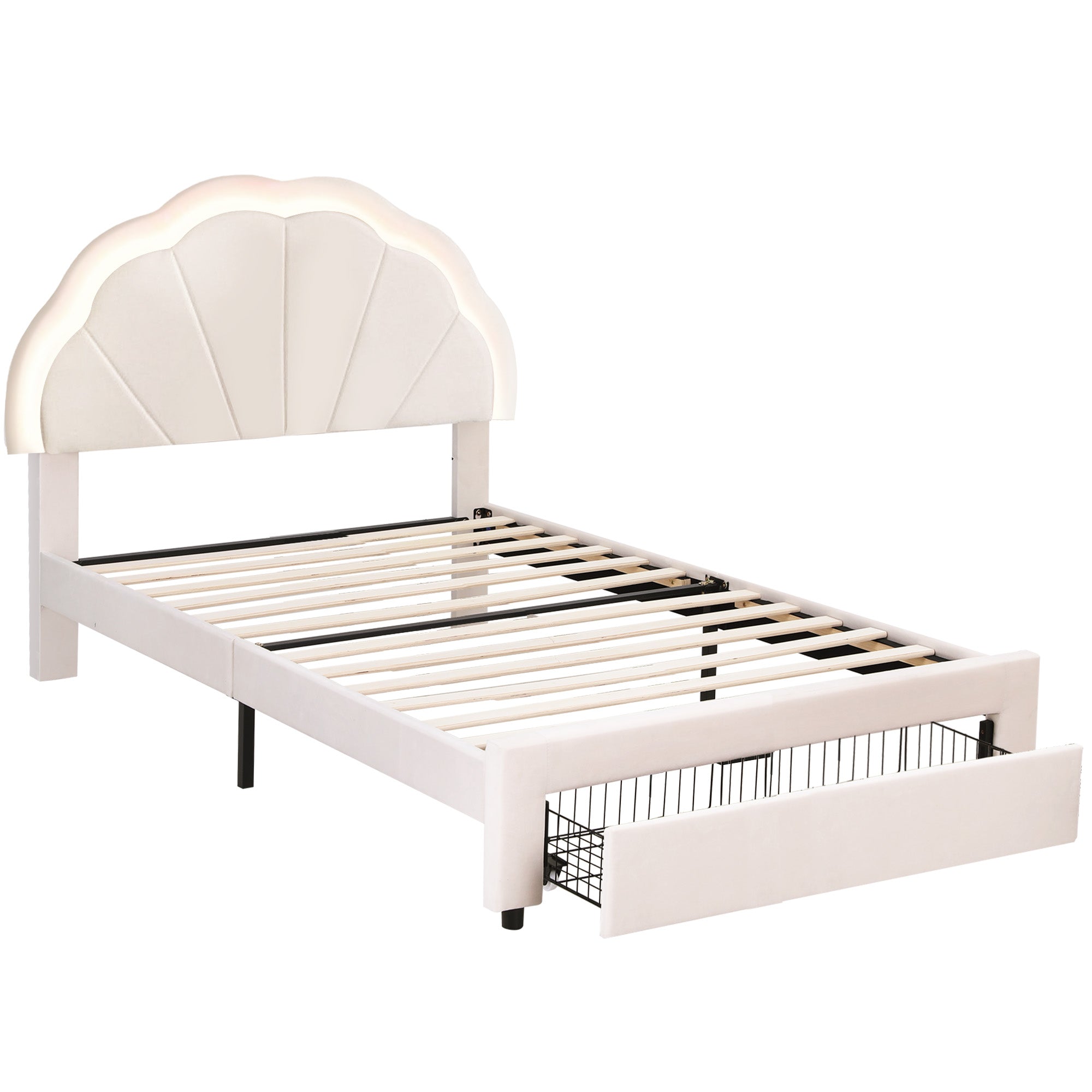 Beds & Bed Frames: Artiss King Single Bed Frame with Storage Drawer Upholstered Velvet Platform Bed LED Headboard