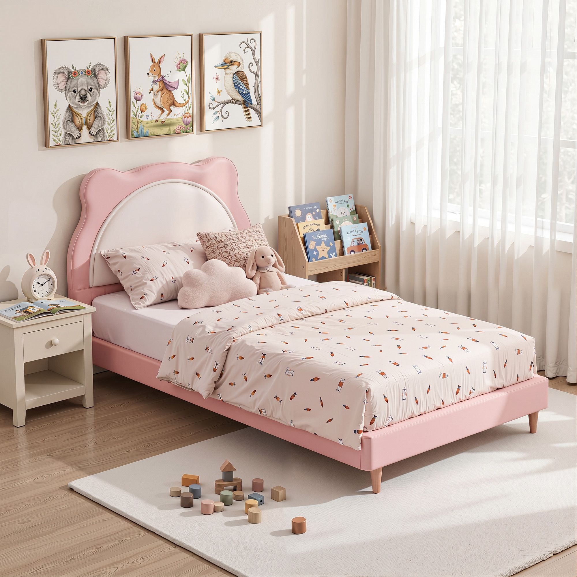 Artiss King Single Pink Kids Bed Frame for Girls Bedroom Cute Animal Upholstered