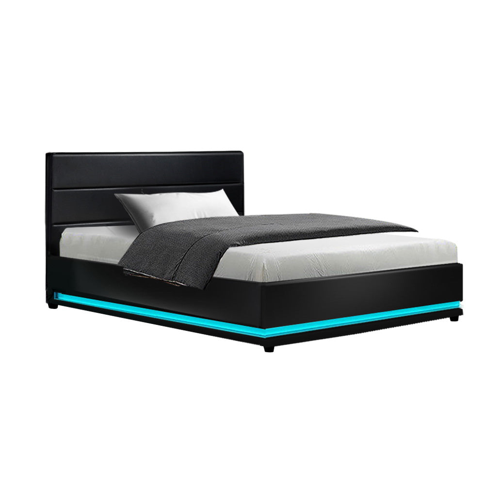 Beds & Bed Frames: Artiss Bed Frame King Single Size LED Gas Lift Black LUMI
