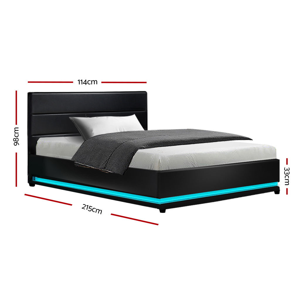 Beds & Bed Frames: Artiss Bed Frame King Single Size LED Gas Lift Black LUMI