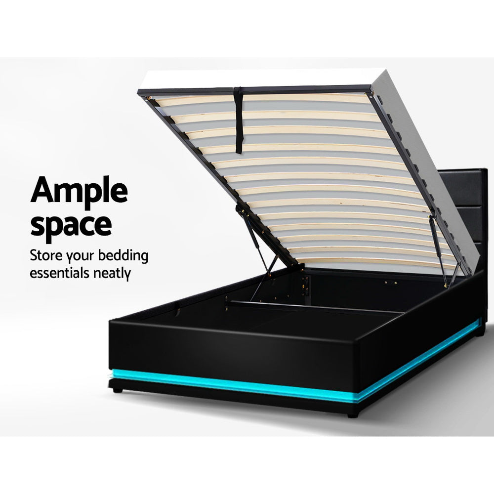 Beds & Bed Frames: Artiss Bed Frame King Single Size LED Gas Lift Black LUMI