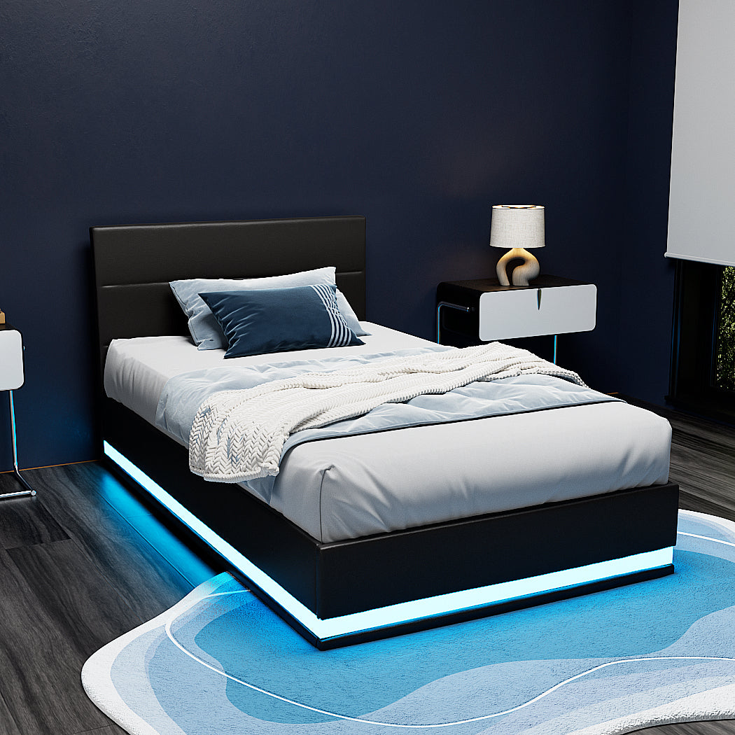 Beds & Bed Frames: Artiss Bed Frame King Single Size LED Gas Lift Black LUMI