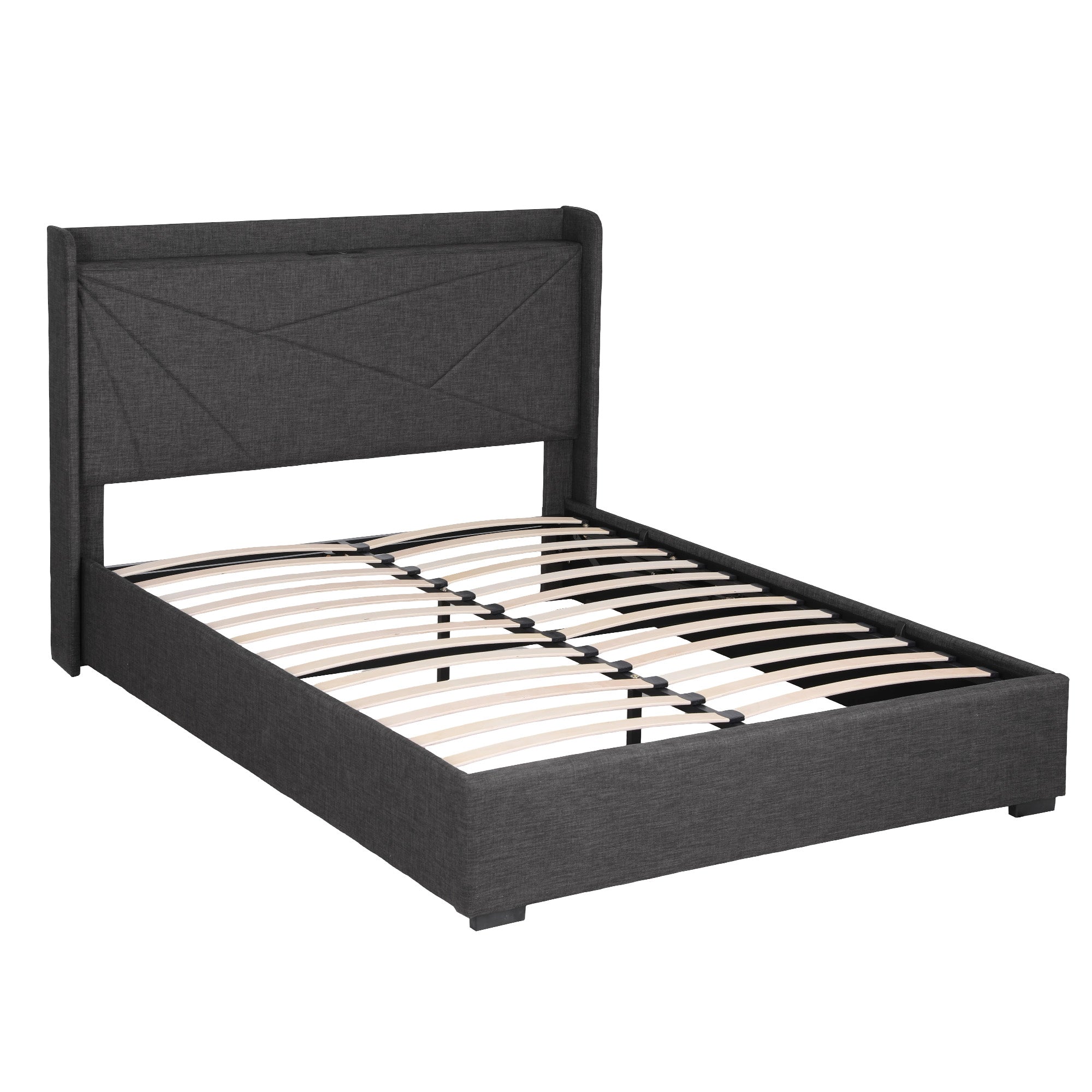 Beds & Bed Frames: Artiss Double Bed Frame Gas Lift Storage Bed with Charging Ports Upholstered Geometric Headboard Charcoal Grey