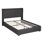 Beds & Bed Frames: Artiss Double Bed Frame Gas Lift Storage Bed with Charging Ports Upholstered Geometric Headboard Charcoal Grey