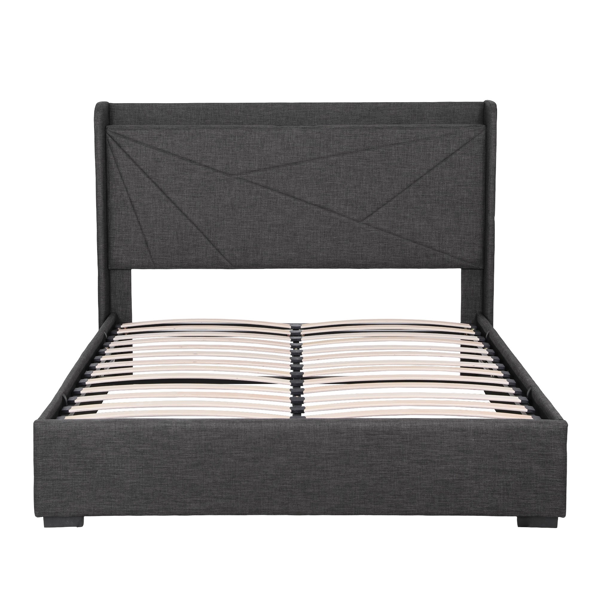 Beds & Bed Frames: Artiss Double Bed Frame Gas Lift Storage Bed with Charging Ports Upholstered Geometric Headboard Charcoal Grey