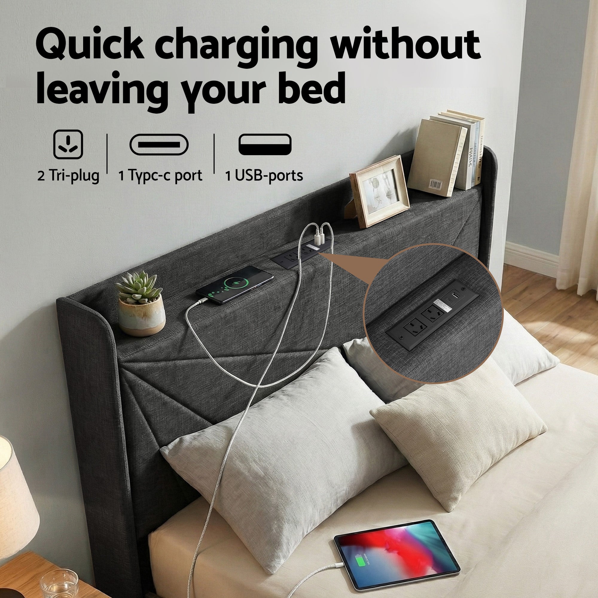 Beds & Bed Frames: Artiss Double Bed Frame Gas Lift Storage Bed with Charging Ports Upholstered Geometric Headboard Charcoal Grey