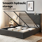 Beds & Bed Frames: Artiss Double Bed Frame Gas Lift Storage Bed with Charging Ports Upholstered Geometric Headboard Charcoal Grey