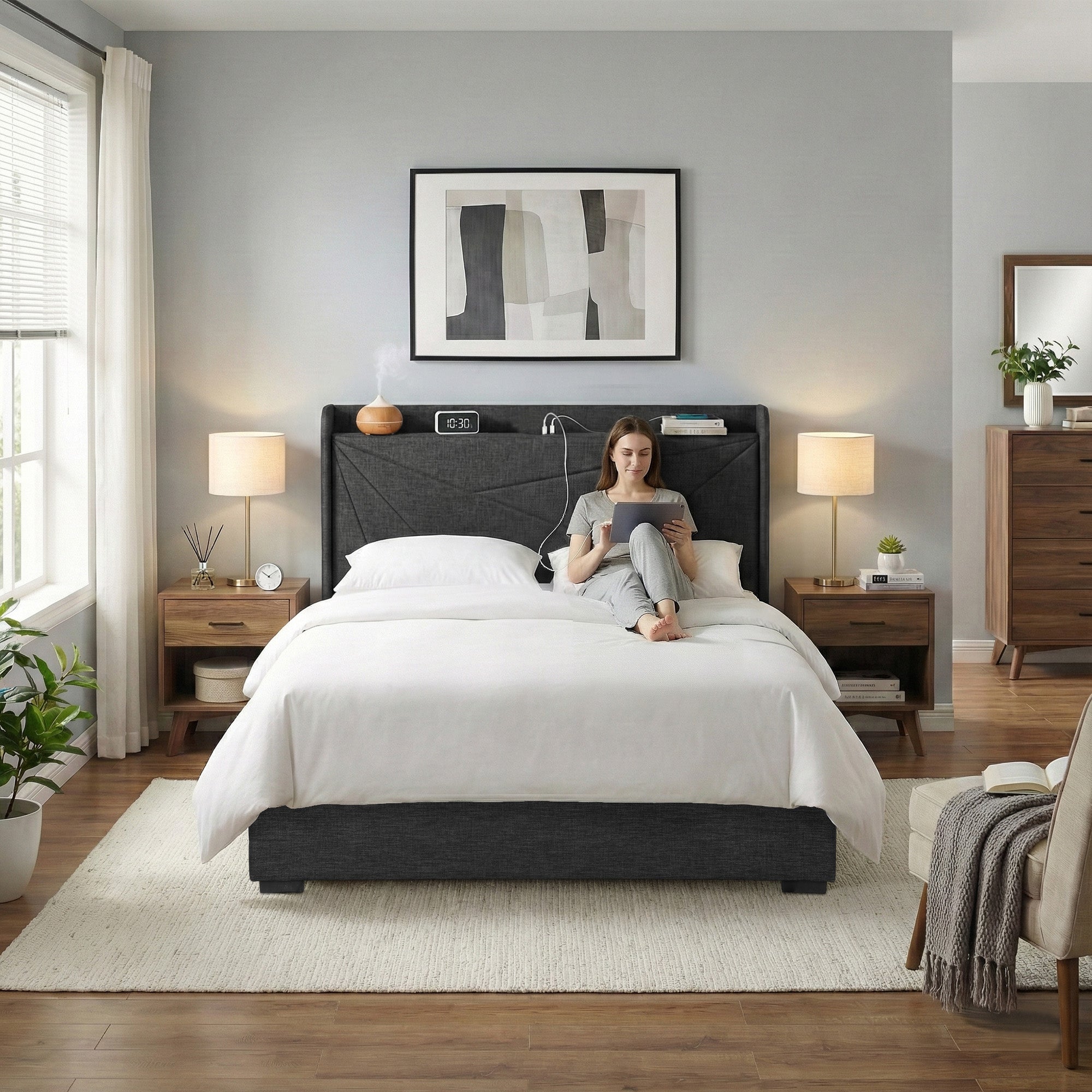 Beds & Bed Frames: Artiss Double Bed Frame Gas Lift Storage Bed with Charging Ports Upholstered Geometric Headboard Charcoal Grey