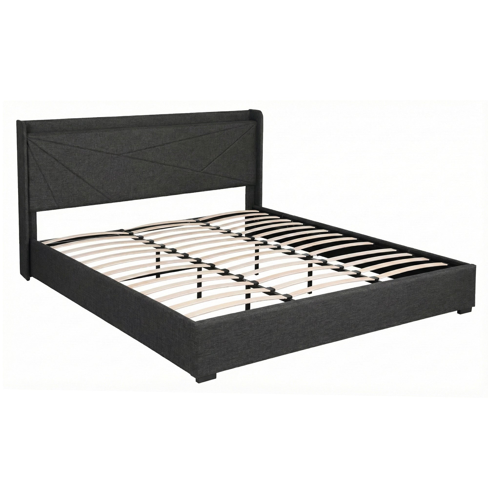 Beds & Bed Frames: Artiss King Bed Frame Gas Lift Storage Bed with Charging Ports Upholstered Geometric Headboard Charcoal Grey