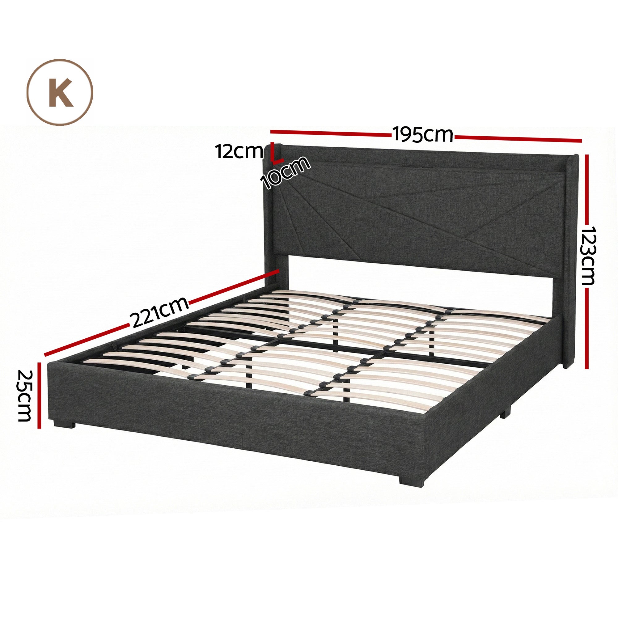 Beds & Bed Frames: Artiss King Bed Frame Gas Lift Storage Bed with Charging Ports Upholstered Geometric Headboard Charcoal Grey