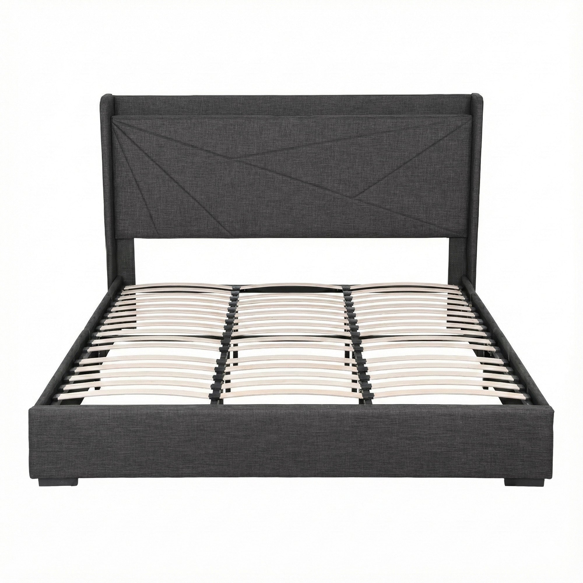 Beds & Bed Frames: Artiss King Bed Frame Gas Lift Storage Bed with Charging Ports Upholstered Geometric Headboard Charcoal Grey