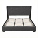 Beds & Bed Frames: Artiss King Bed Frame Gas Lift Storage Bed with Charging Ports Upholstered Geometric Headboard Charcoal Grey