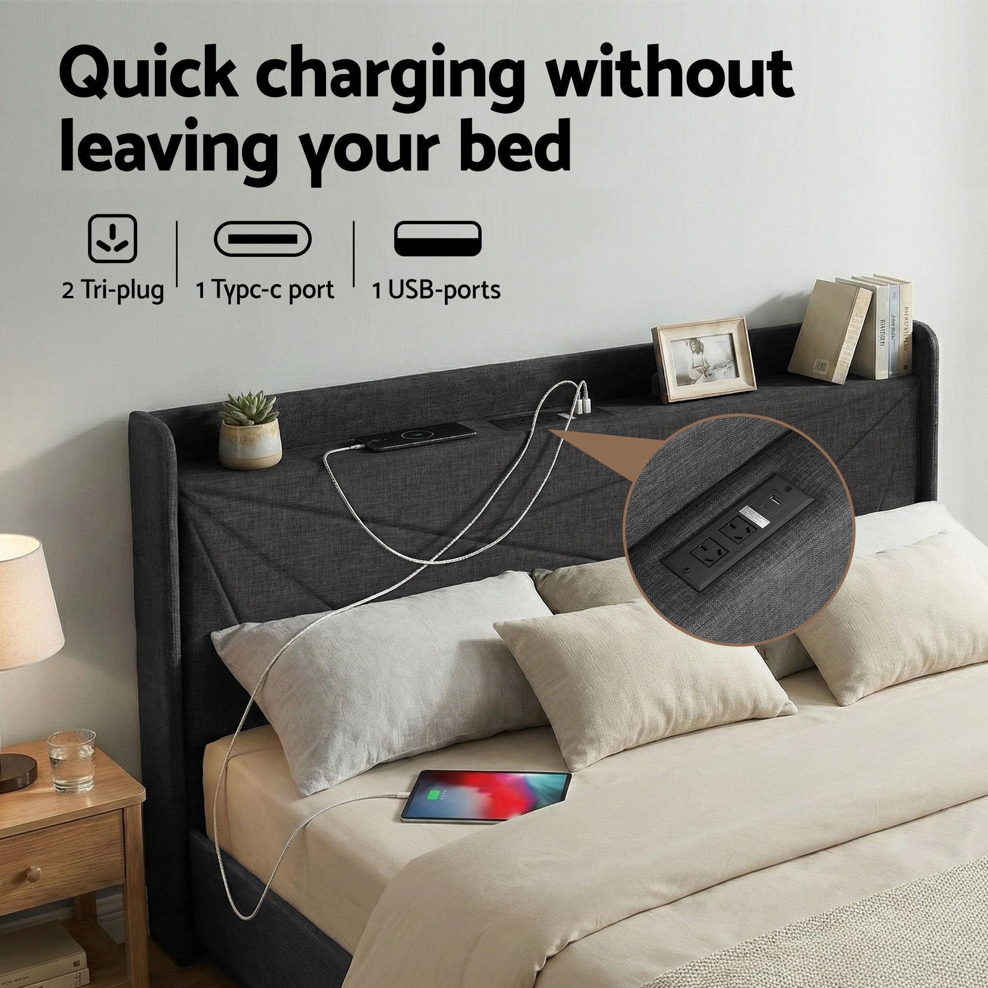 Beds & Bed Frames: Artiss King Bed Frame Gas Lift Storage Bed with Charging Ports Upholstered Geometric Headboard Charcoal Grey