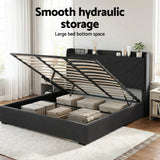 Beds & Bed Frames: Artiss King Bed Frame Gas Lift Storage Bed with Charging Ports Upholstered Geometric Headboard Charcoal Grey