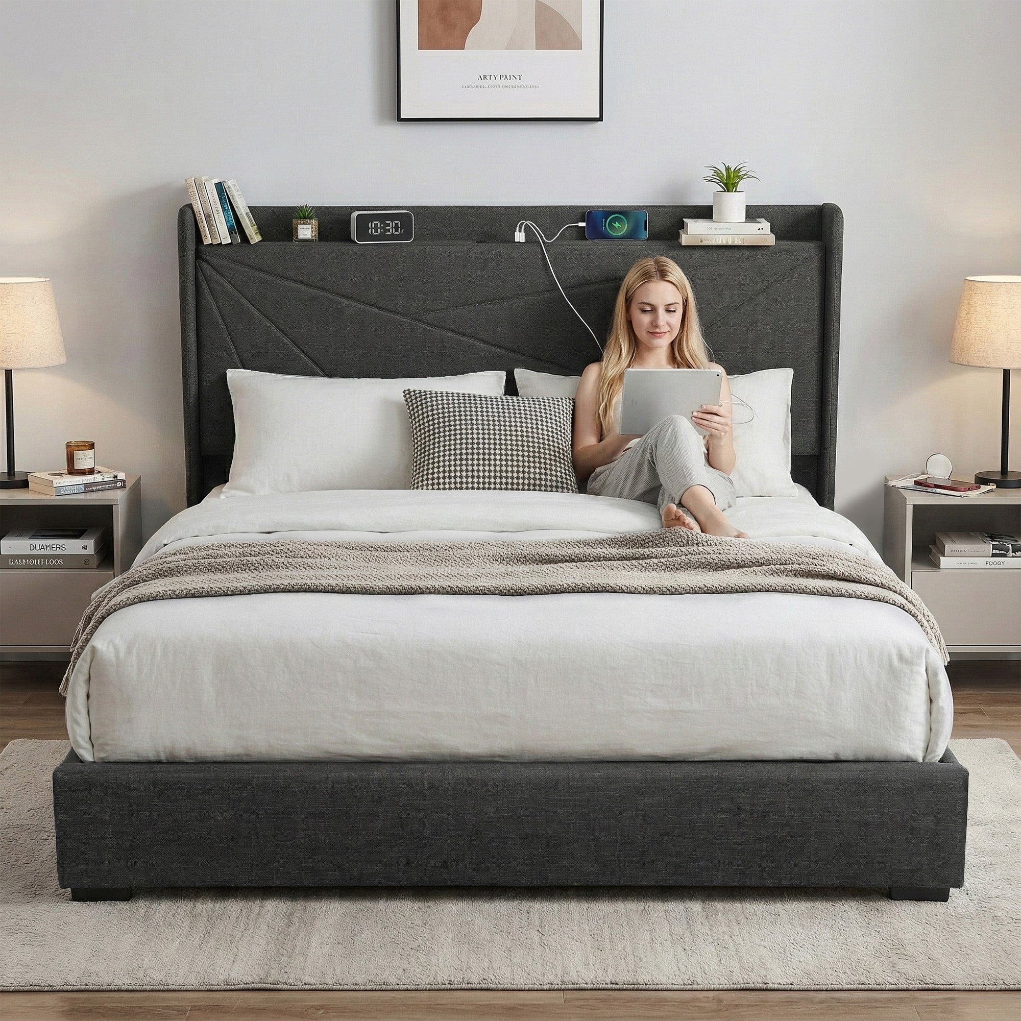 Beds & Bed Frames: Artiss King Bed Frame Gas Lift Storage Bed with Charging Ports Upholstered Geometric Headboard Charcoal Grey
