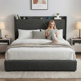 Beds & Bed Frames: Artiss King Bed Frame Gas Lift Storage Bed with Charging Ports Upholstered Geometric Headboard Charcoal Grey