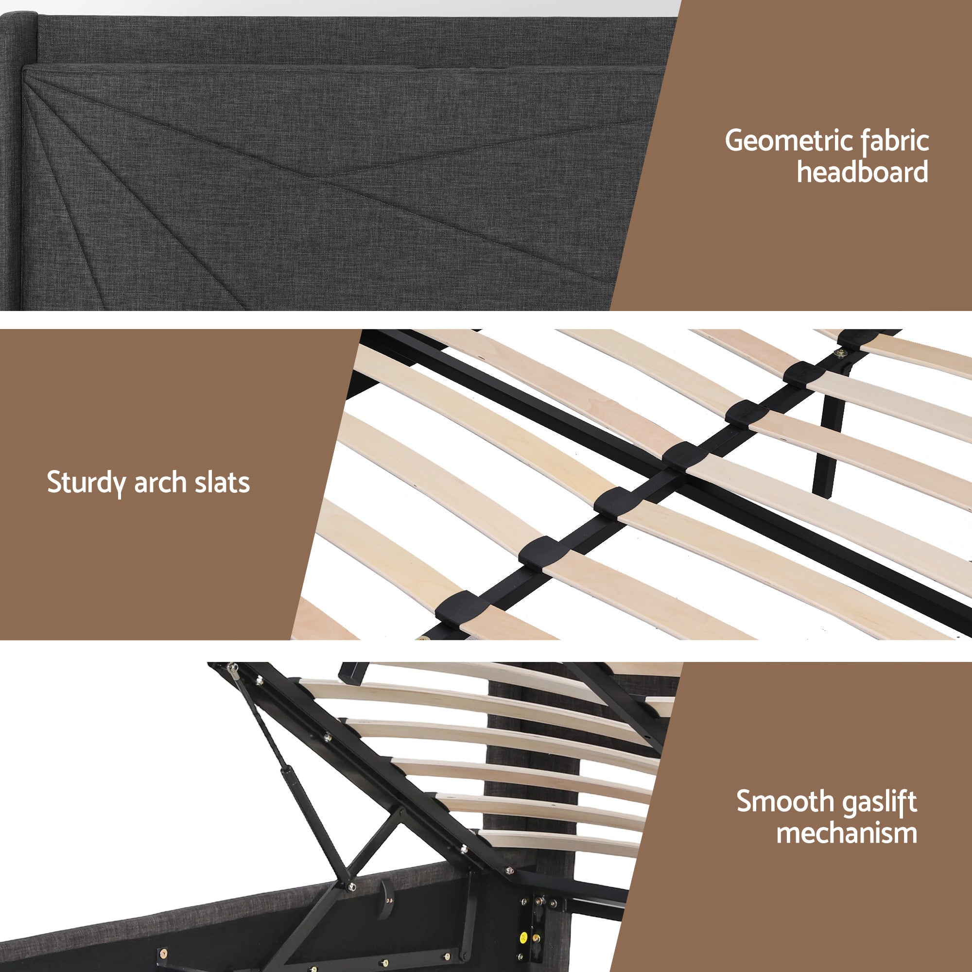 Beds & Bed Frames: Artiss King Bed Frame Gas Lift Storage Bed with Charging Ports Upholstered Geometric Headboard Charcoal Grey