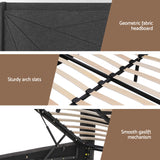 Beds & Bed Frames: Artiss King Bed Frame Gas Lift Storage Bed with Charging Ports Upholstered Geometric Headboard Charcoal Grey