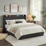 Beds & Bed Frames: Artiss King Bed Frame Gas Lift Storage Bed with Charging Ports Upholstered Geometric Headboard Charcoal Grey