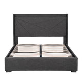 Beds & Bed Frames: Artiss Queen Bed Frame Gas Lift Storage Bed with Charging Ports Upholstered Geometric Headboard Charcoal Grey