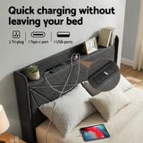 Beds & Bed Frames: Artiss Queen Bed Frame Gas Lift Storage Bed with Charging Ports Upholstered Geometric Headboard Charcoal Grey
