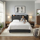 Beds & Bed Frames: Artiss Queen Bed Frame Gas Lift Storage Bed with Charging Ports Upholstered Geometric Headboard Charcoal Grey