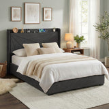 Beds & Bed Frames: Artiss Queen Bed Frame Gas Lift Storage Bed with Charging Ports Upholstered Geometric Headboard Charcoal Grey