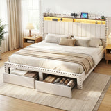 Beds & Bed Frames: Artiss King Upholstered Bed Frame with Shelf Storage Drawers Charging Station Mood Lighting Linen