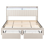 Beds & Bed Frames: Artiss King Upholstered Bed Frame with Shelf Storage Drawers Charging Station Mood Lighting Linen