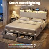 Beds & Bed Frames: Artiss King Upholstered Bed Frame with Shelf Storage Drawers Charging Station Mood Lighting Linen